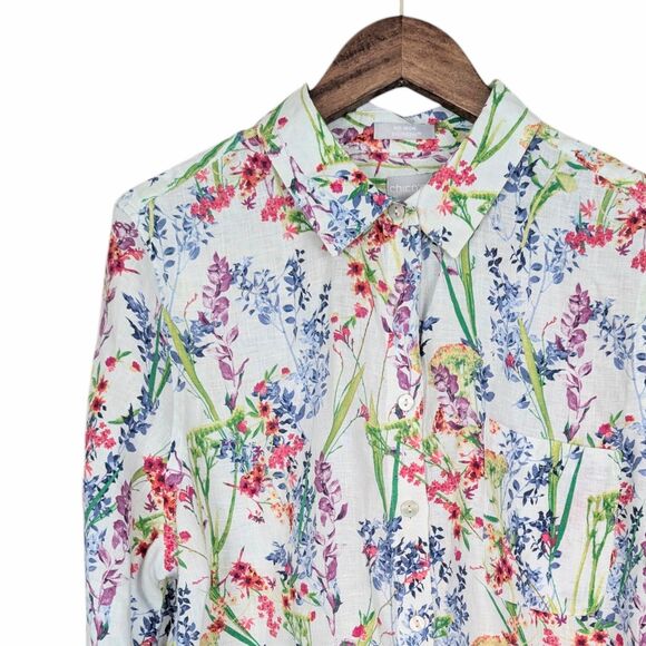 Chico's No Iron FreshChic 100% Linen Floral Print 3/4 Sleeve Button-Up Shirt 2 L - Picture 1 of 9